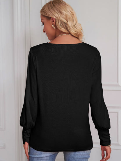 Round Neck Lantern Sleeve Blouse-Teresa&#39;s Fashionista LLC