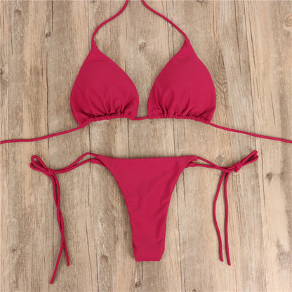 2pcs Halterneck Lace-up Bikini Women Summer Solid Color Sexy Split Strap Adjustable Swimsuit Suit-Teresa&#39;s Fashionista LLC