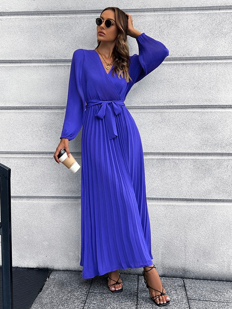 V-Neck Tie Waist Pleated Maxi Dress-Teresa&#39;s Fashionista LLC