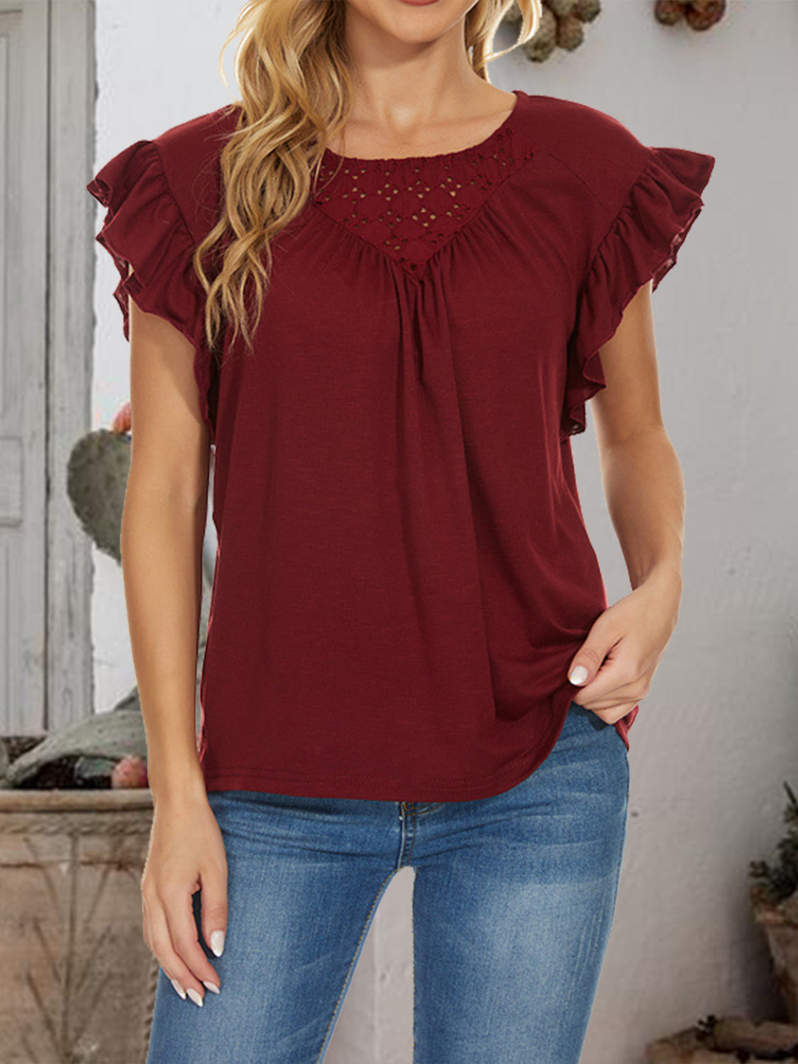 Ruffled Round Neck Cap Sleeve T-Shirt-Teresa&#39;s Fashionista LLC