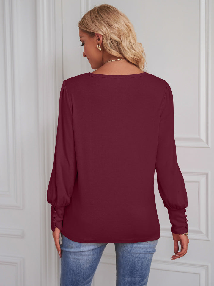 Round Neck Lantern Sleeve Blouse-Teresa&#39;s Fashionista LLC