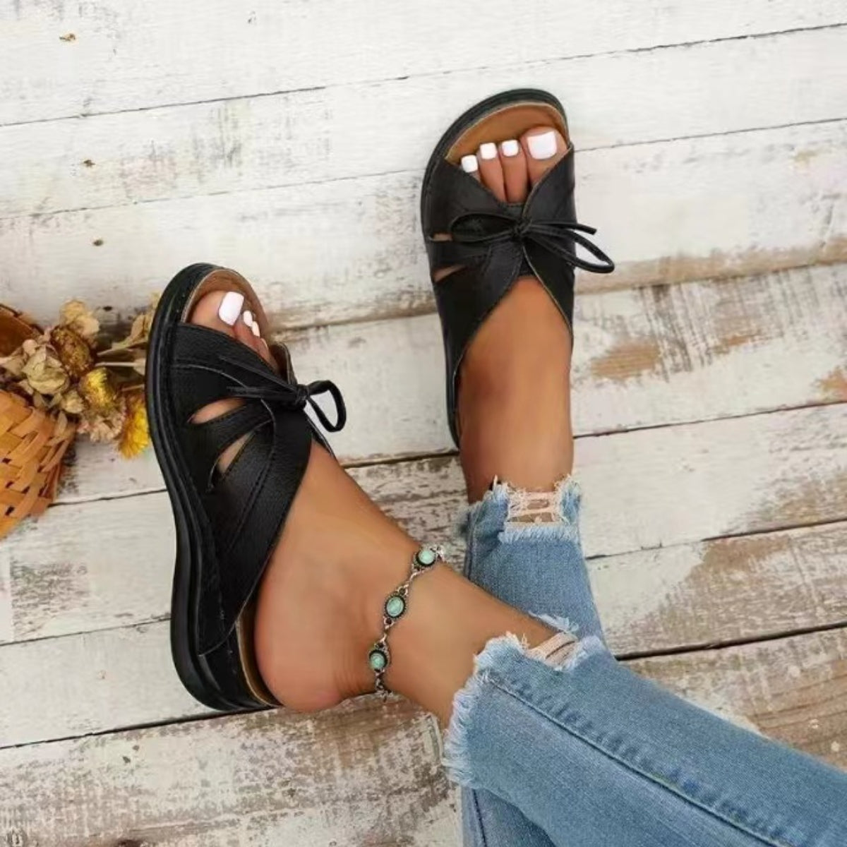 Tied Open Toe Low Heel Sandals-Teresa&#39;s Fashionista LLC