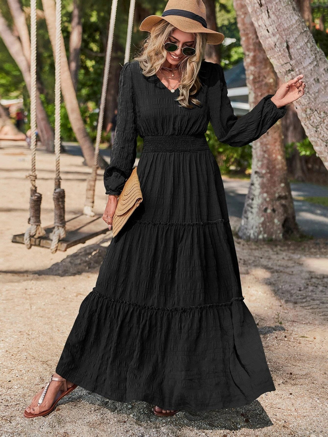 Smocked Waist V-Neck Maxi Dress-Teresa&#39;s Fashionista LLC