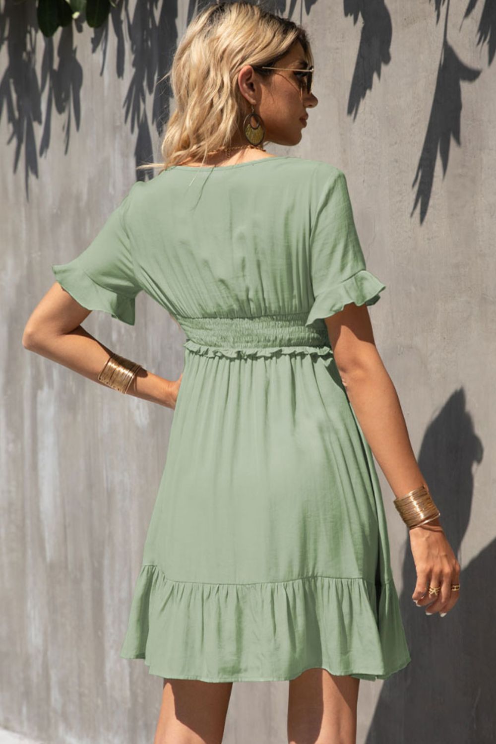 Smocked Waist Flounce Sleeve Ruffle Hem Dress-Teresa&#39;s Fashionista LLC