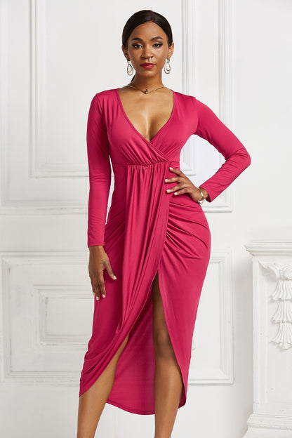 High-low Ruched Surplice Long Sleeve Dress-Teresa&#39;s Fashionista LLC