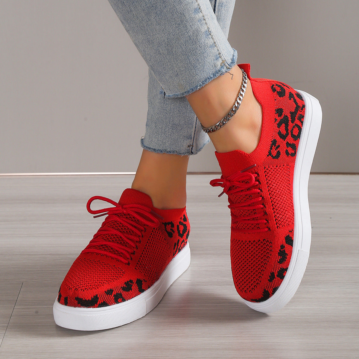 Lace-Up Leopard Flat Sneakers-Teresa&#39;s Fashionista LLC