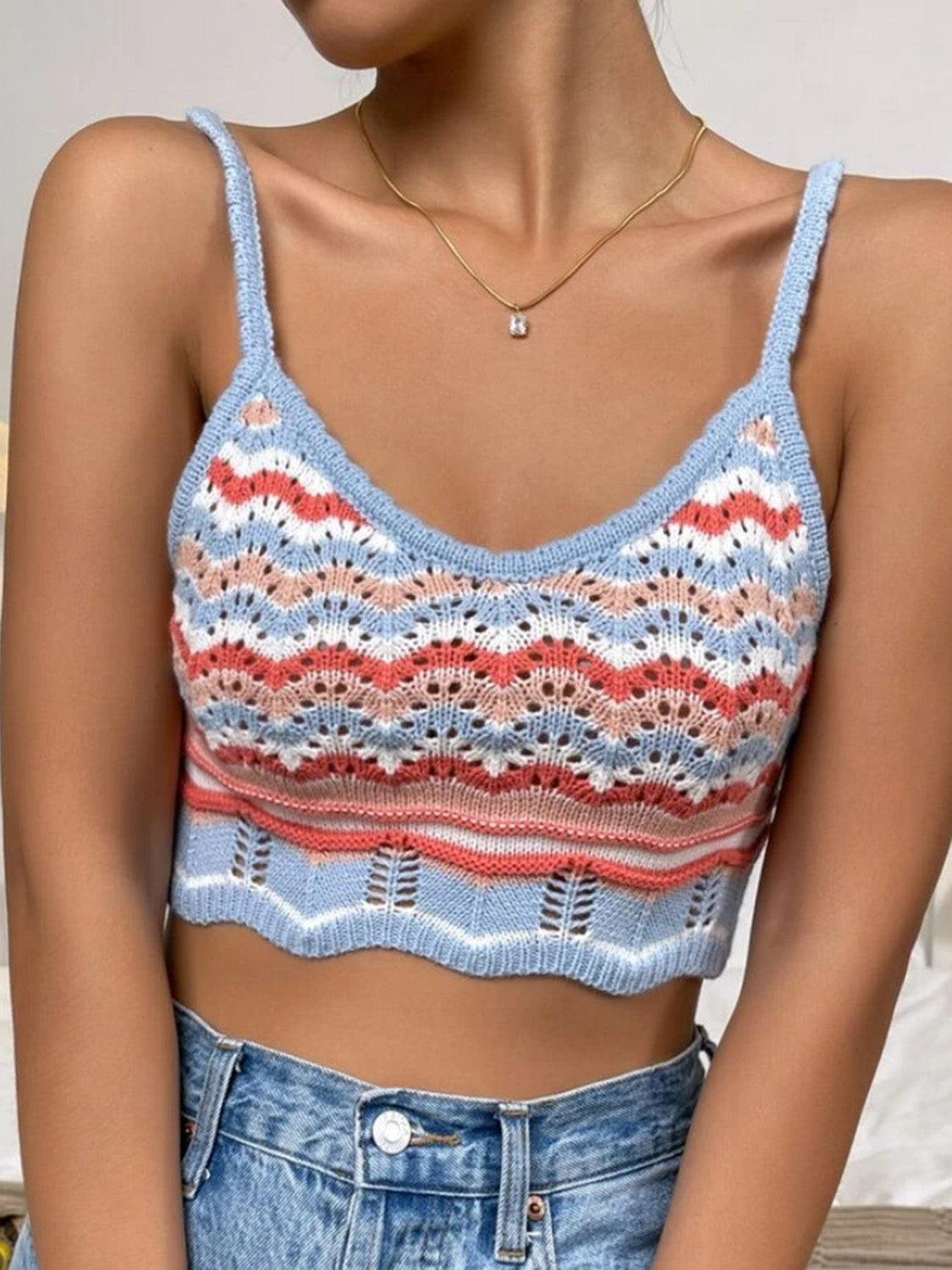 Openwork Striped Scoop Neck Cami-Teresa&#39;s Fashionista LLC