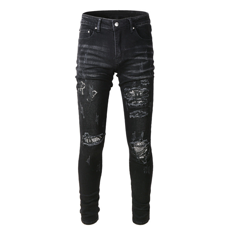 Men's Black Paisley Printed Patch Ripped Jeans-Teresa&#39;s Fashionista LLC