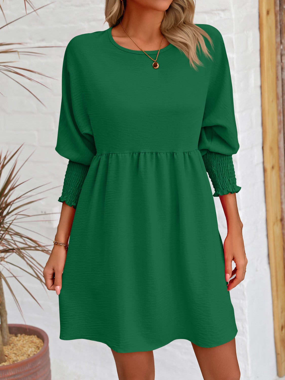 Round Neck Lantern Sleeve Mini Dress-Teresa&#39;s Fashionista LLC