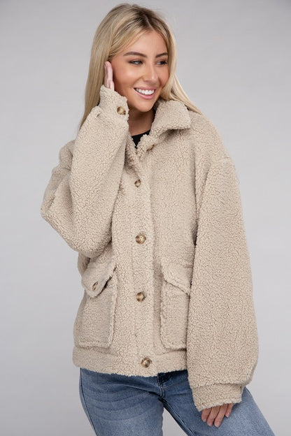 Cozy Sherpa Button-Front Jacket-Teresa&#39;s Fashionista LLC