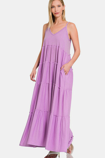 Zenana Frill Tiered V-Neck Maxi Cami Dress-Teresa&#39;s Fashionista LLC