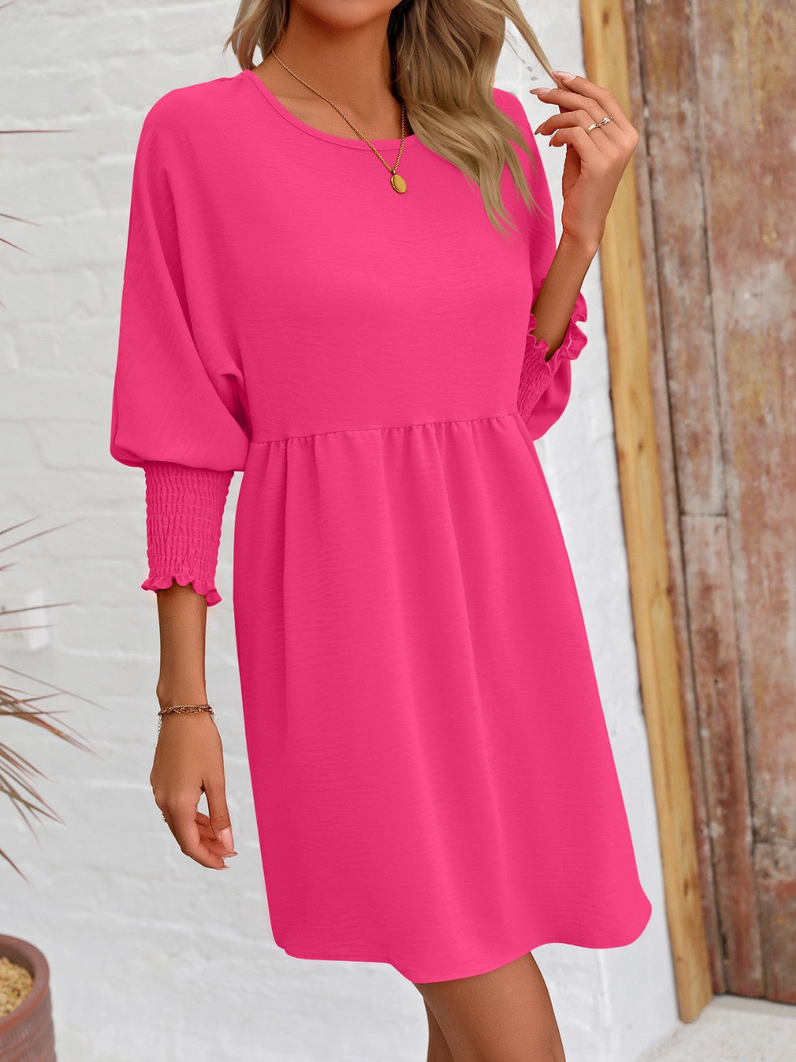 Round Neck Lantern Sleeve Mini Dress-Teresa&#39;s Fashionista LLC