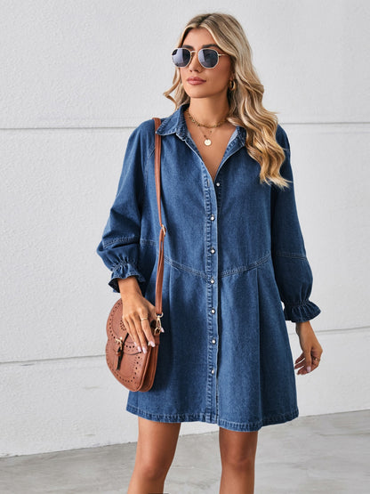 Button Up Flounce Sleeve Mini Denim Dress-Teresa&#39;s Fashionista LLC