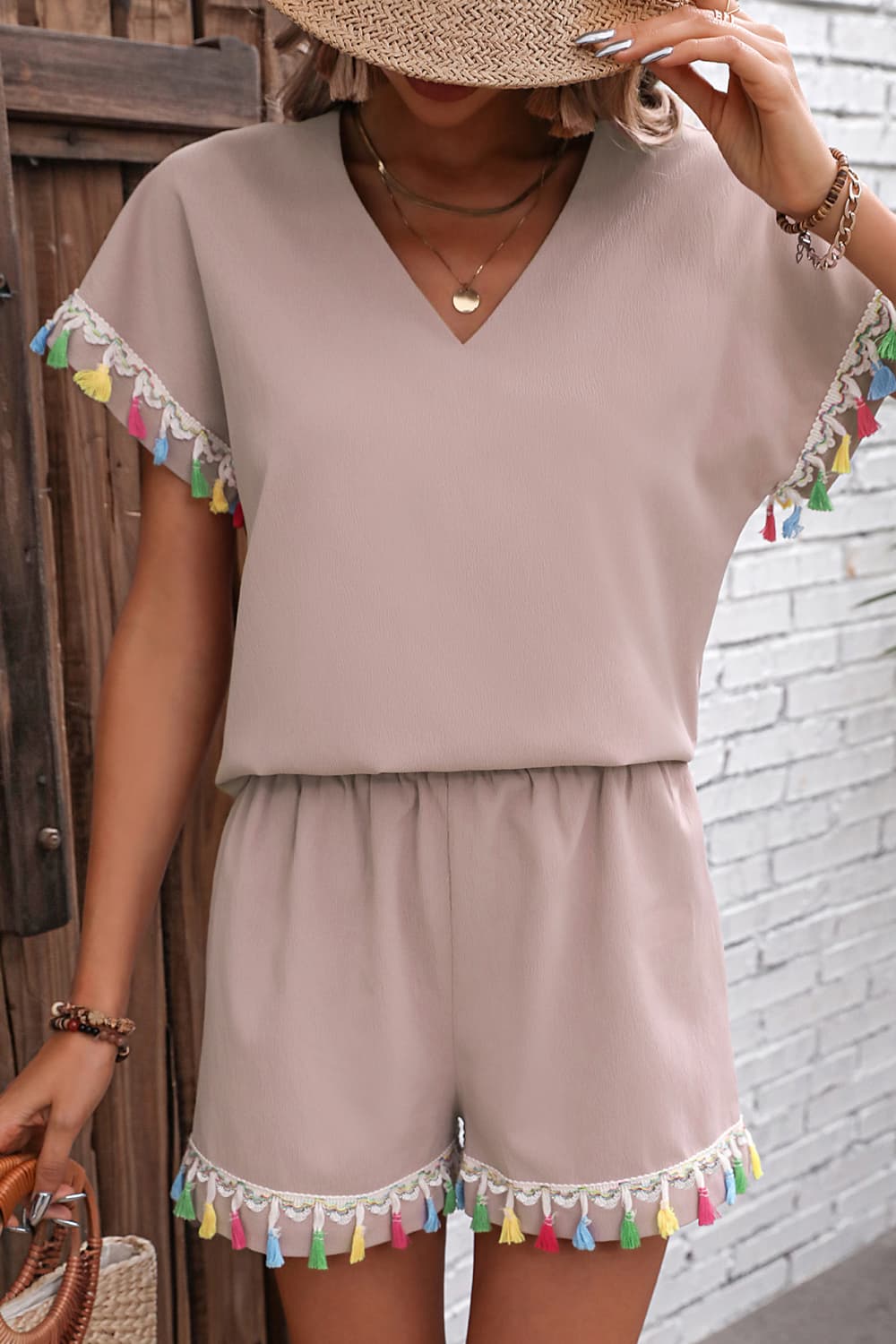 V-Neck Tassel Decor Top and Shorts Set-Teresa&#39;s Fashionista LLC