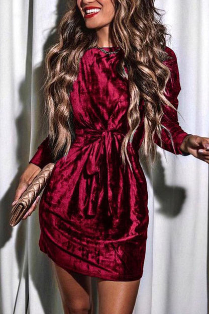 Tied Round Neck Long Sleeve Dress-Teresa&#39;s Fashionista LLC