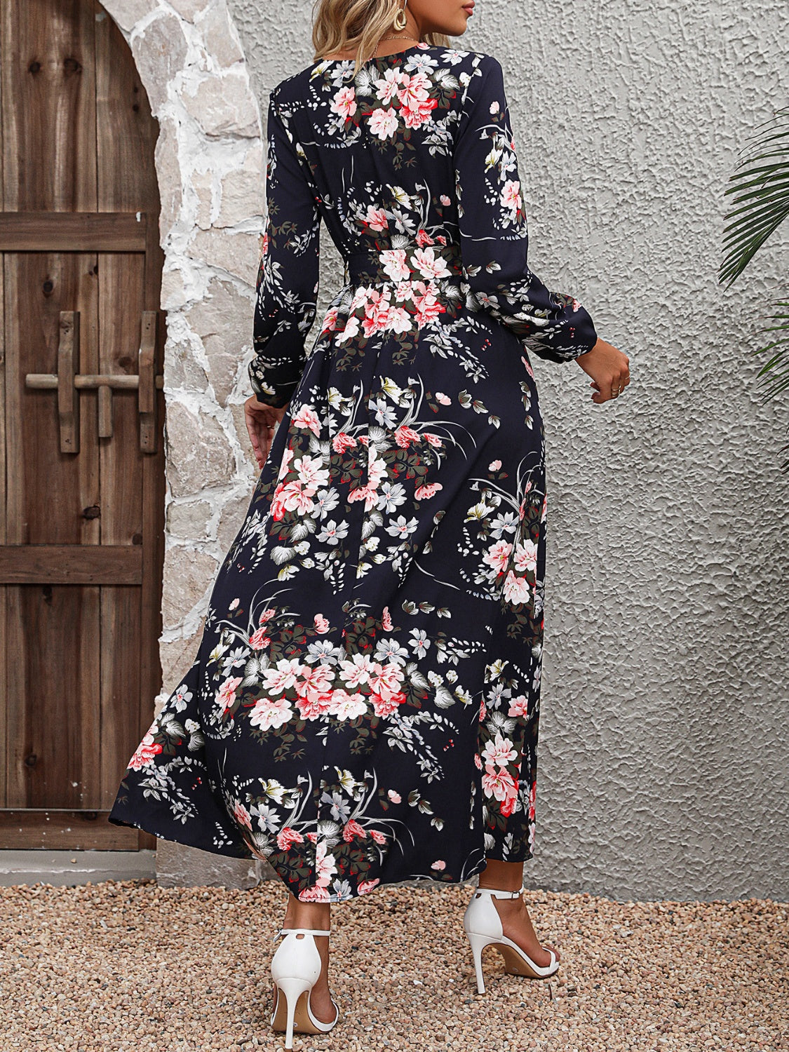 Floral Long Sleeve Surplice Neck Dress-Teresa&#39;s Fashionista LLC