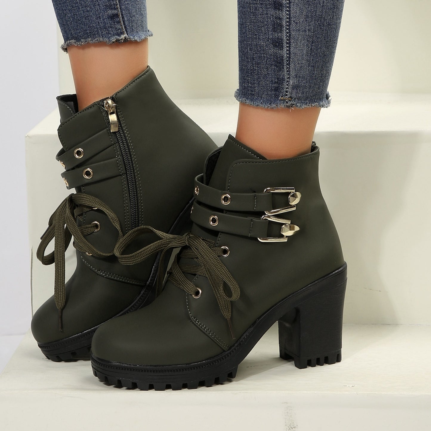 PU Leather Round Toe Block Heel Boots-Teresa&#39;s Fashionista LLC