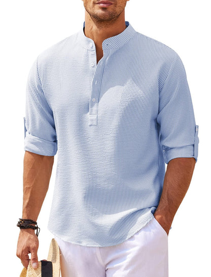 Men's Casual Shirt Long Sleeve Stand Collar Solid Color Shirt Mens Clothing-Teresa&#39;s Fashionista LLC