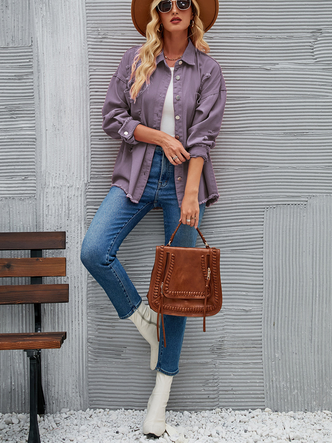 Distressed Raw Hem Button Up Denim Jacket-Teresa&#39;s Fashionista LLC