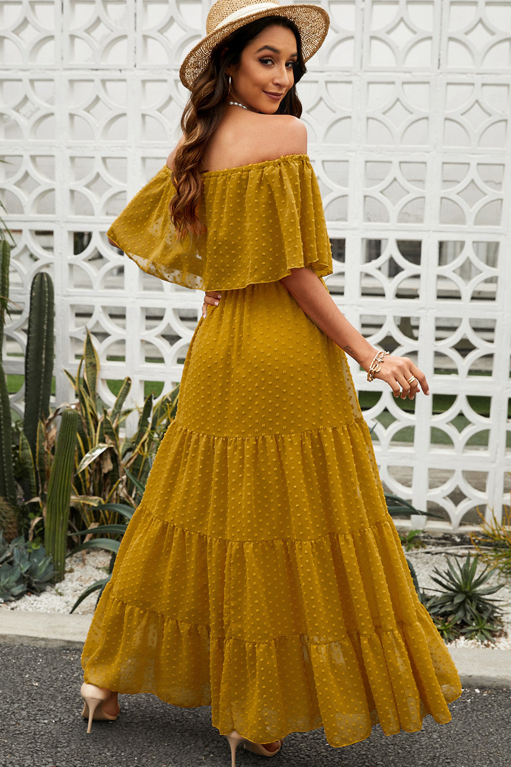 Swiss Dot Off-Shoulder Tiered Maxi Dress-Teresa&#39;s Fashionista LLC