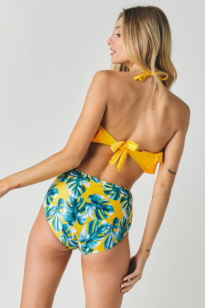 Solid Ruffle Top And Printed Bottom Swimsuit-Teresa&#39;s Fashionista LLC