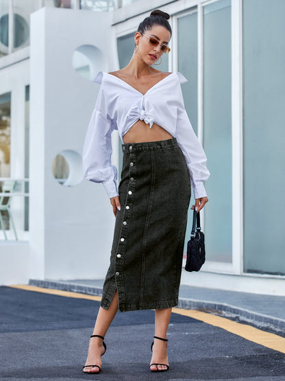 Button Down Denim Skirt-Teresa&#39;s Fashionista LLC