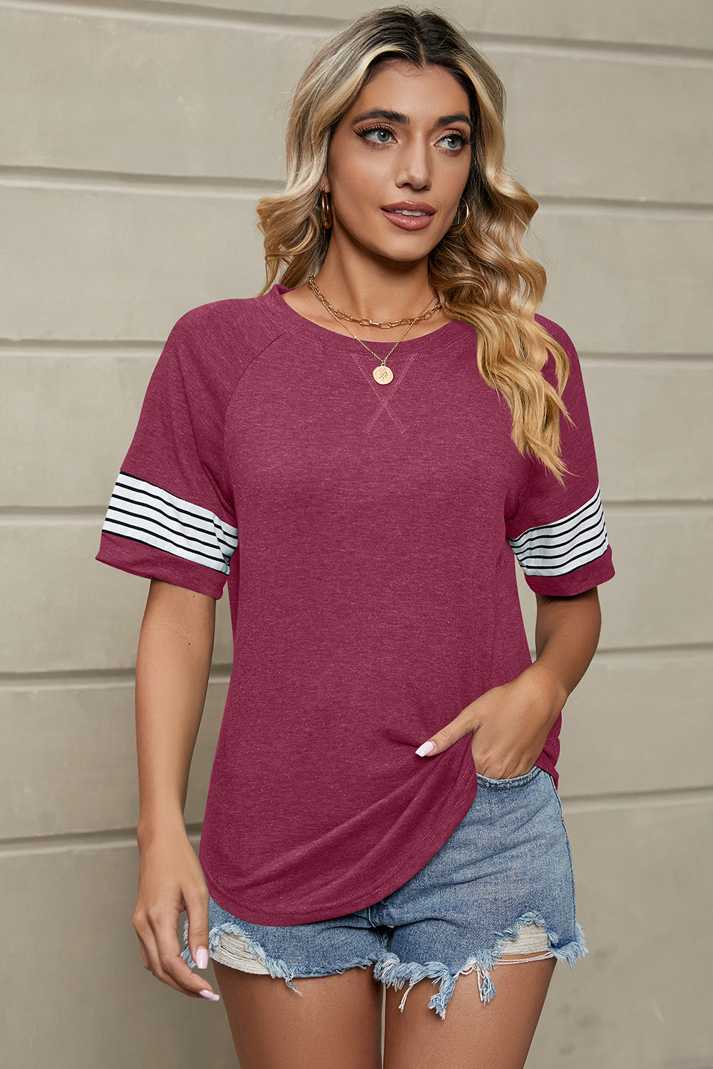 Striped Round Neck Short Sleeve T-Shirt-Teresa&#39;s Fashionista LLC