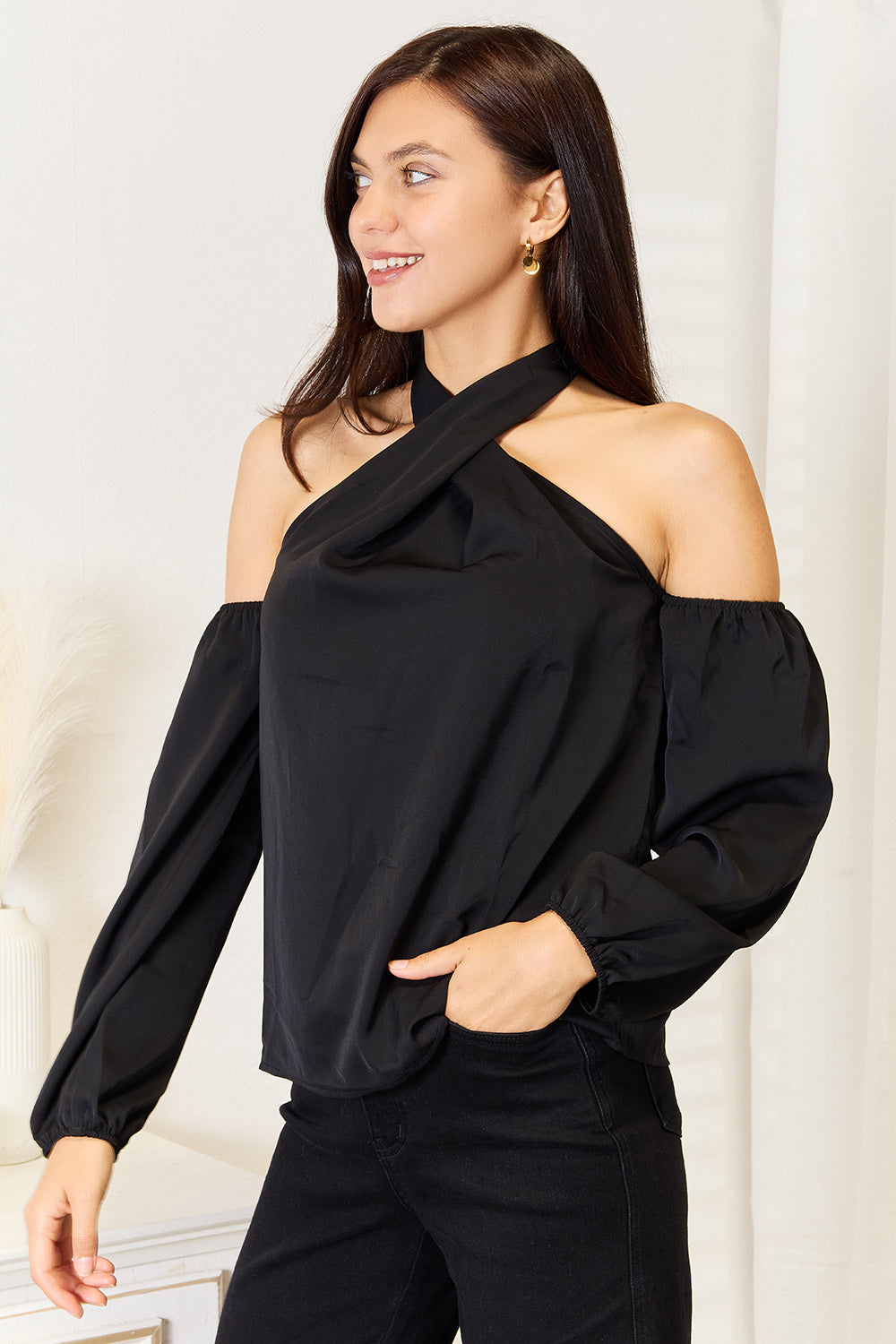 Grecian Cold Shoulder Long Sleeve Blouse-Teresa&#39;s Fashionista LLC