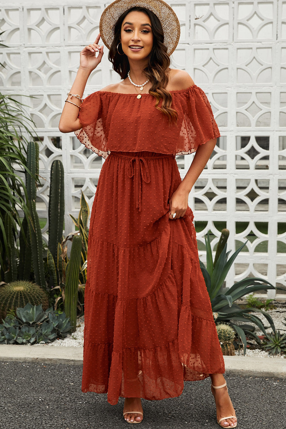 Swiss Dot Off-Shoulder Tiered Maxi Dress-Teresa&#39;s Fashionista LLC