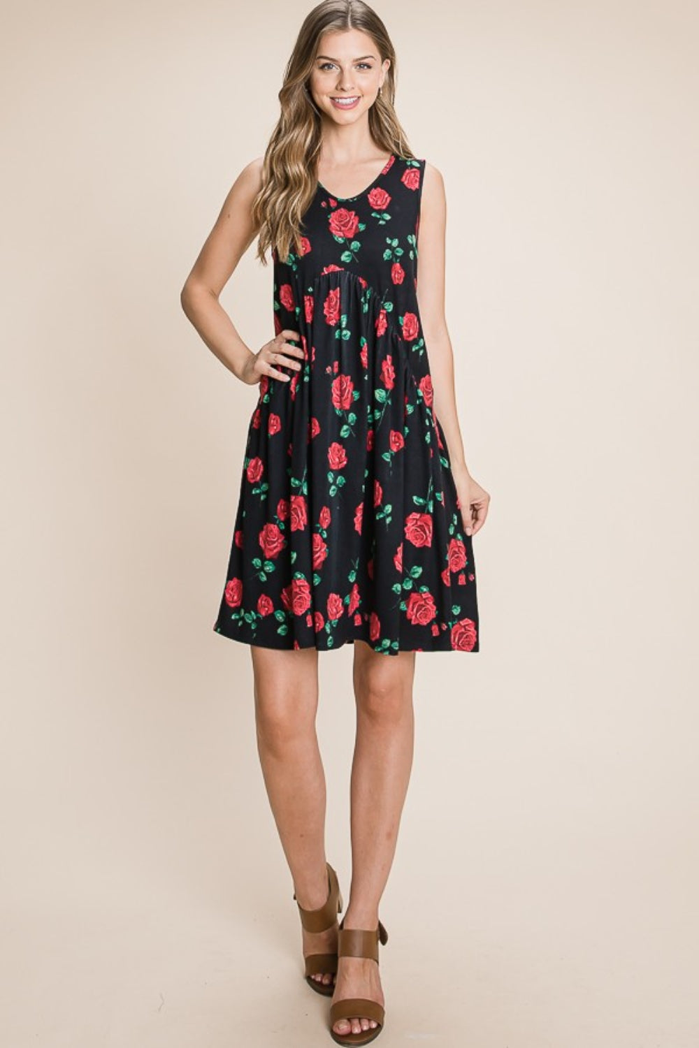 BOMBOM Floral Ruched Tank Dress-Teresa&#39;s Fashionista LLC