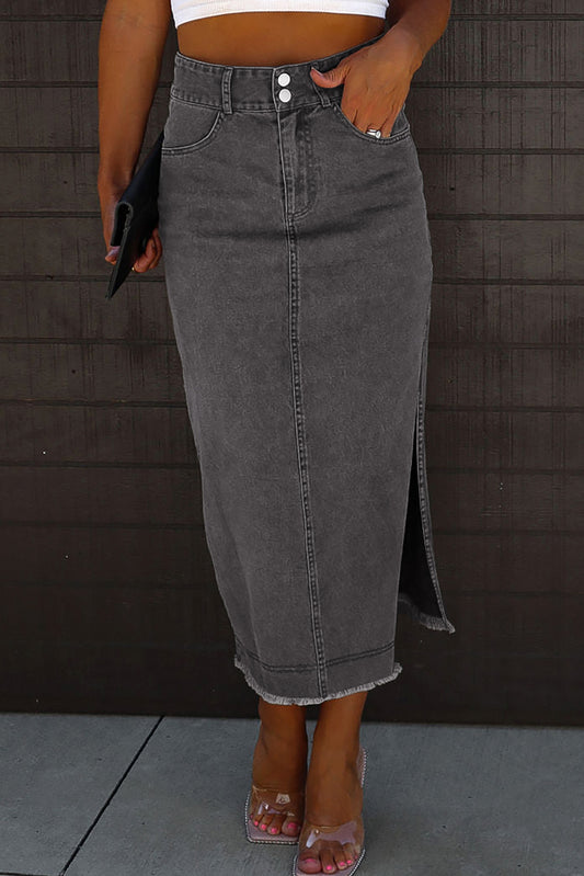 Raw Hem Slit Pocketed Midi Denim Skirt-Teresa&#39;s Fashionista LLC