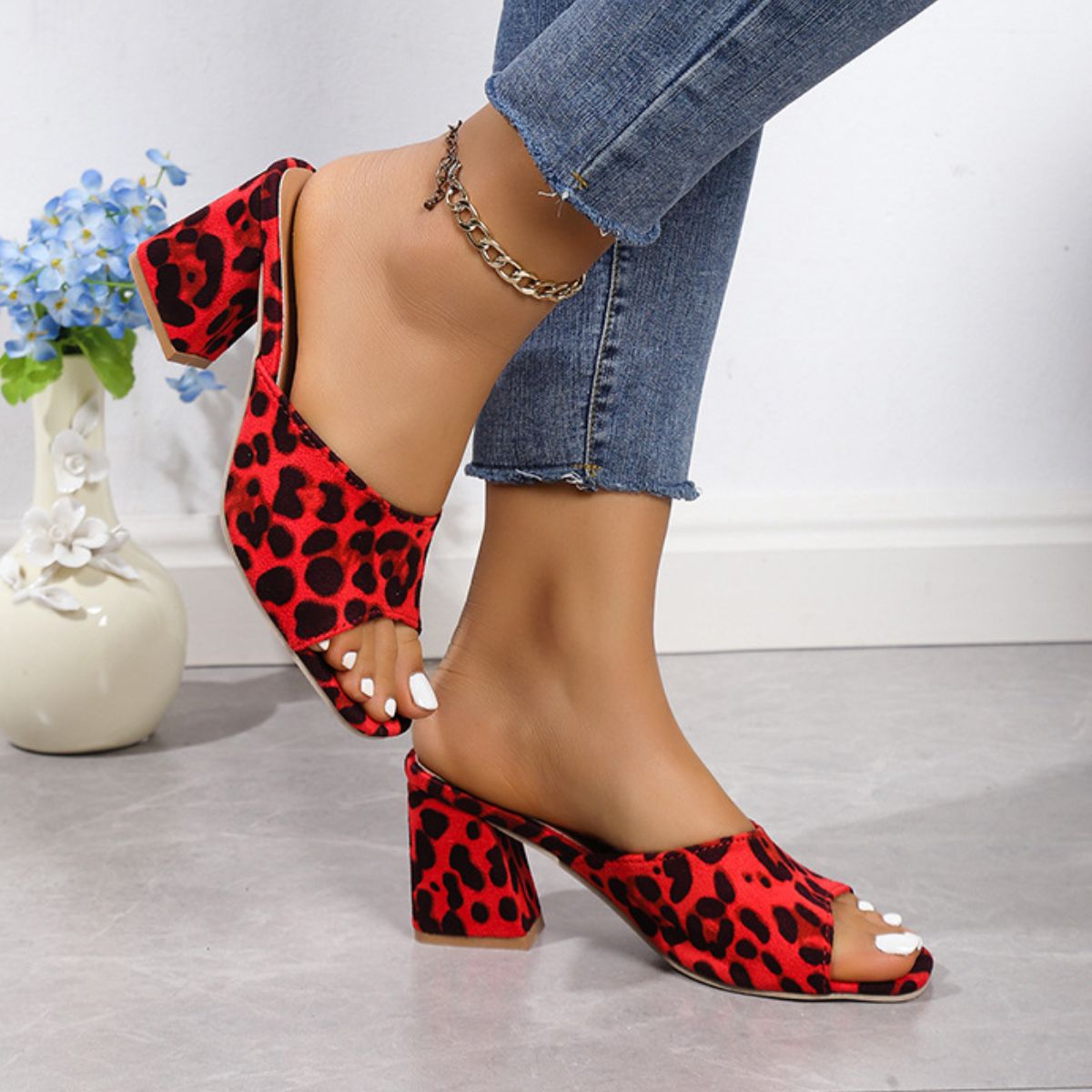 Leopard Block Heel Suede Sandals-Teresa&#39;s Fashionista LLC