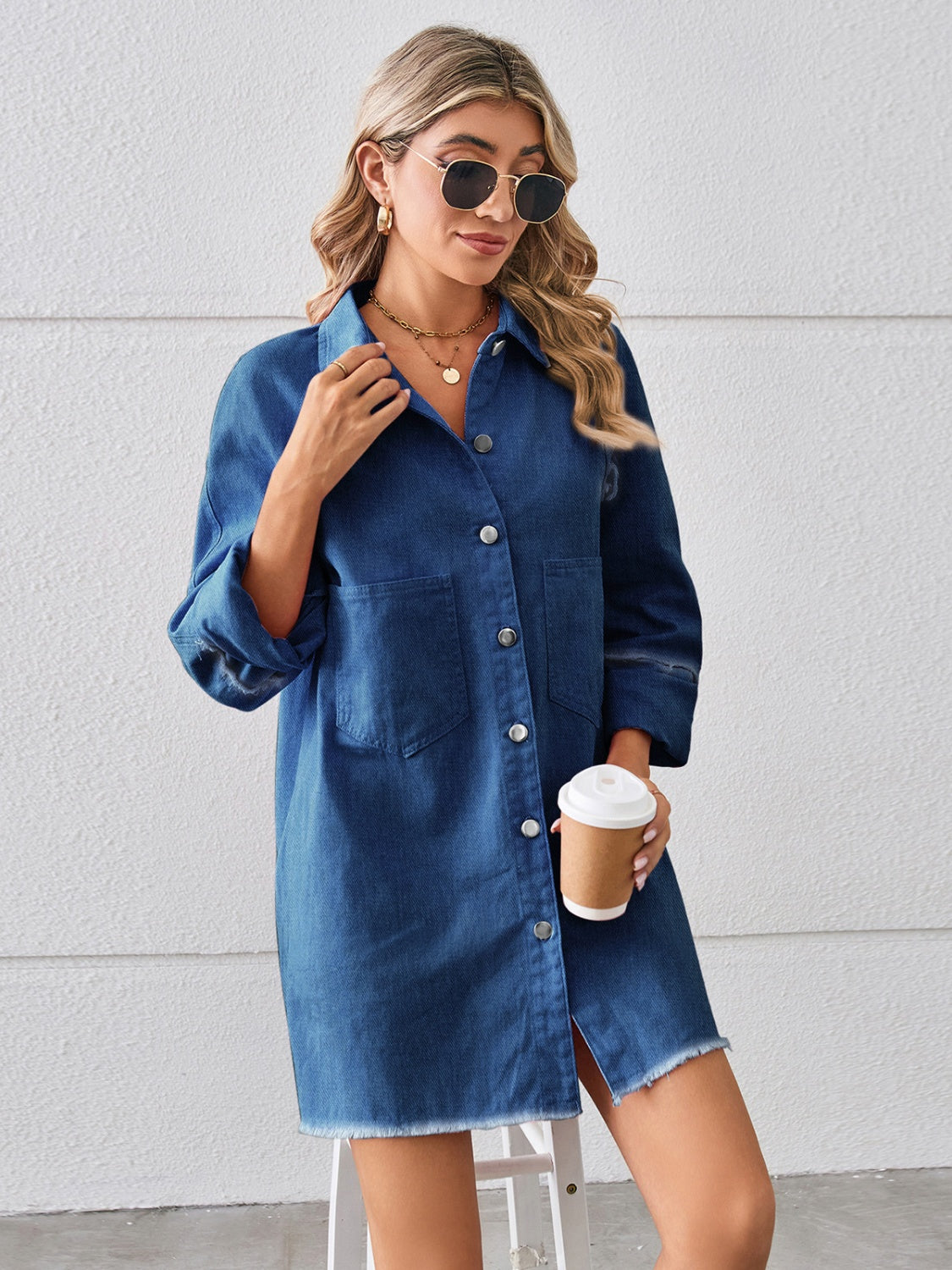 Raw Hem Button Up Denim Dress-Teresa&#39;s Fashionista LLC