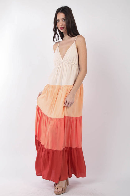 VERY J Color Block Tiered Maxi Cami Dress-Teresa&#39;s Fashionista LLC