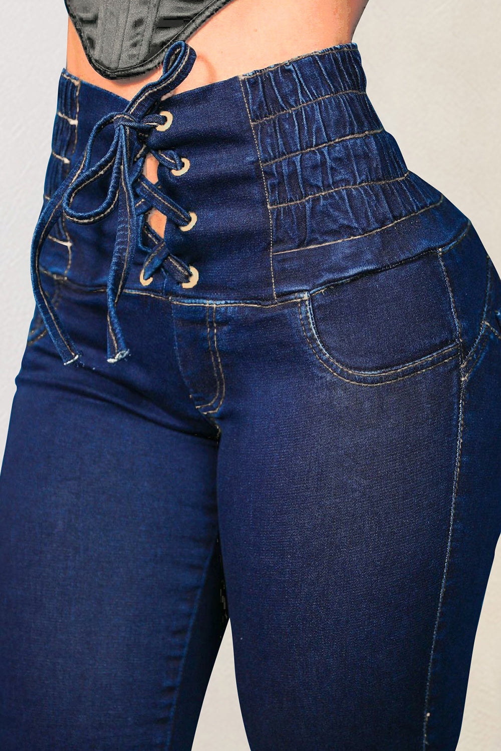 Lace-Up High Waist Jeans with Pockets-Teresa&#39;s Fashionista LLC