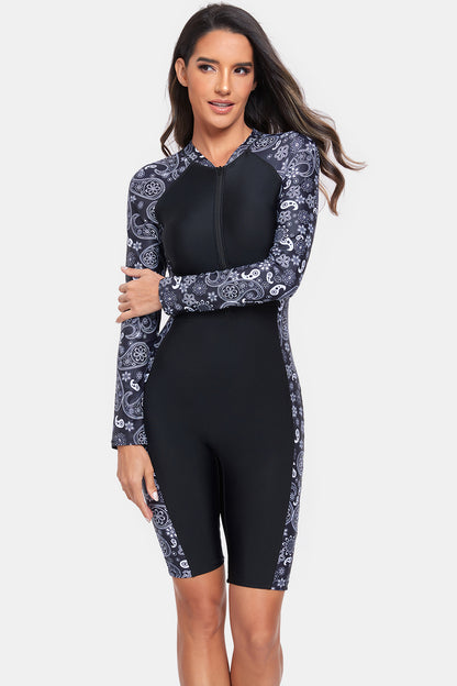 Printed Half Zip Long Sleeve One-Piece Swimwear-Teresa&#39;s Fashionista LLC