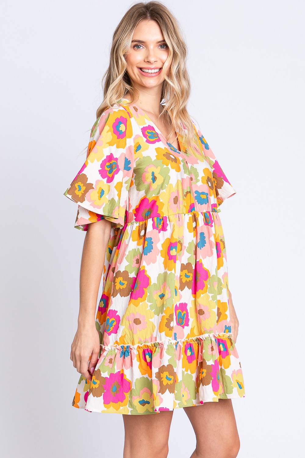 GeeGee Floral V-Neck Ruffle Hem Mini Dress-Teresa&#39;s Fashionista LLC