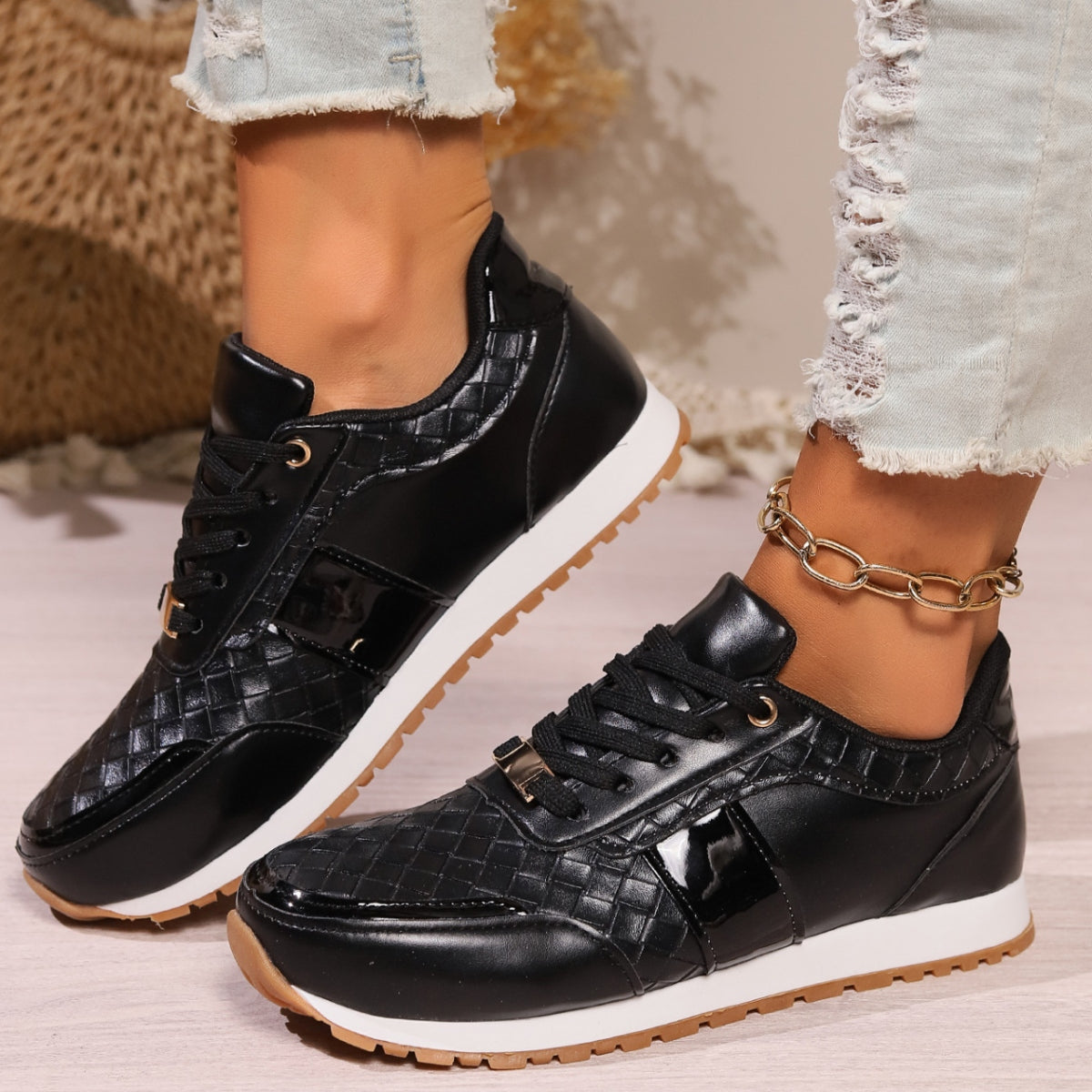 Lace-Up PU Leather Sneakers-Teresa&#39;s Fashionista LLC