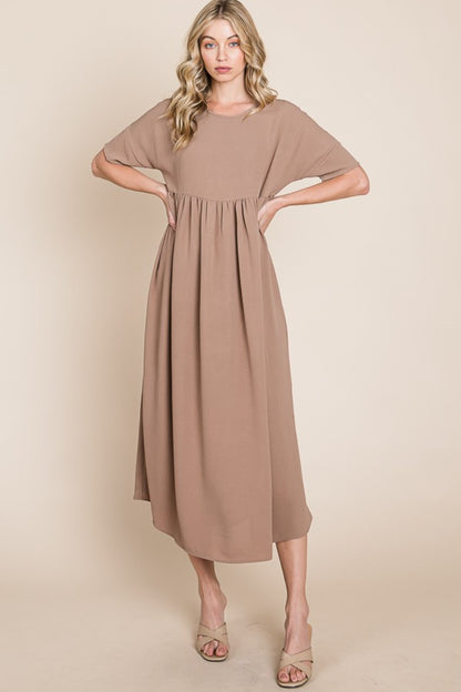 BOMBOM Round Neck Ruched Midi Dress-Teresa&#39;s Fashionista LLC