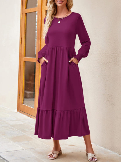 Round Neck Lantern Sleeve Ruffle Hem Dress-Teresa&#39;s Fashionista LLC