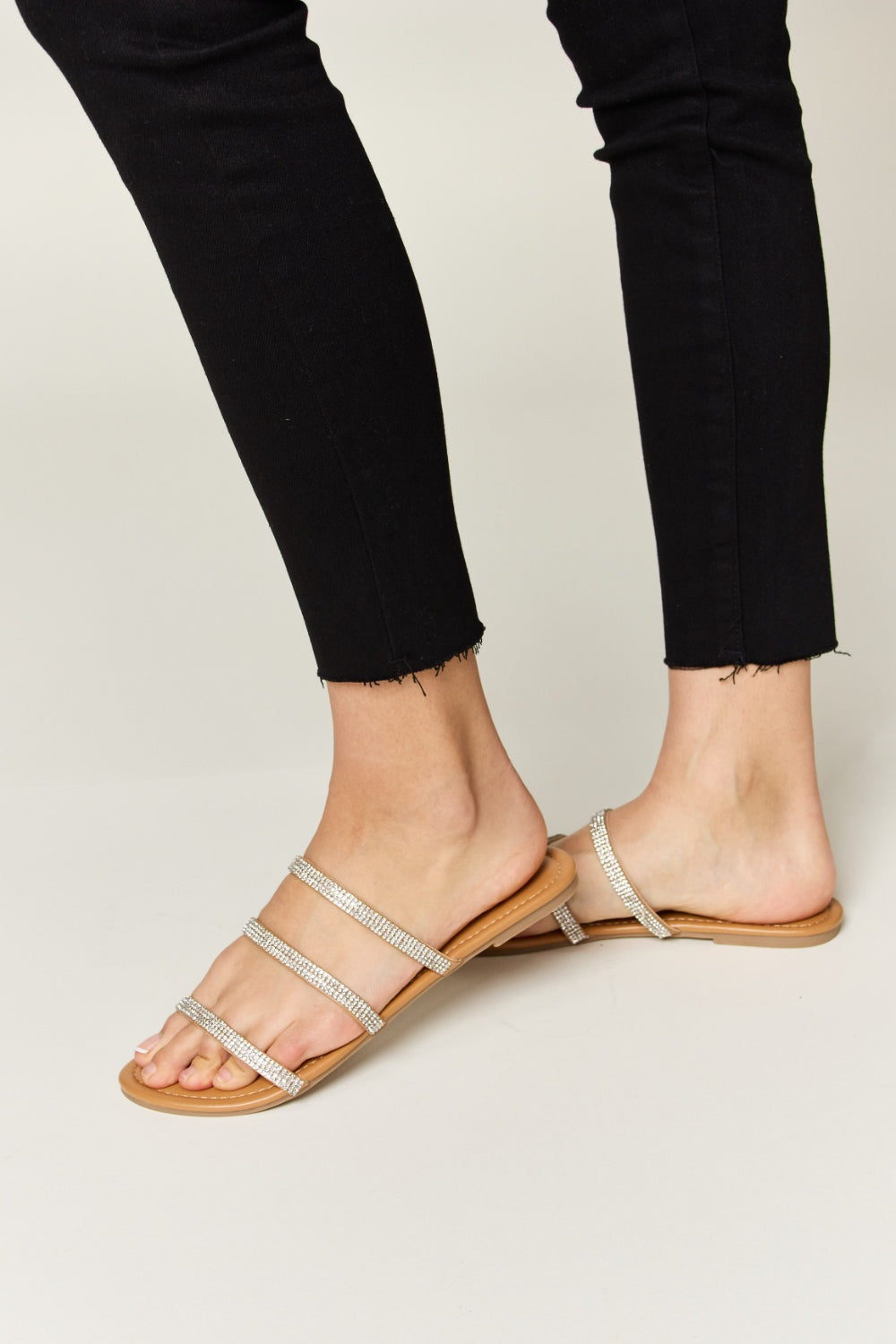 WILD DIVA Rhinestone Three-Strap Flat Sandals-Teresa&#39;s Fashionista LLC