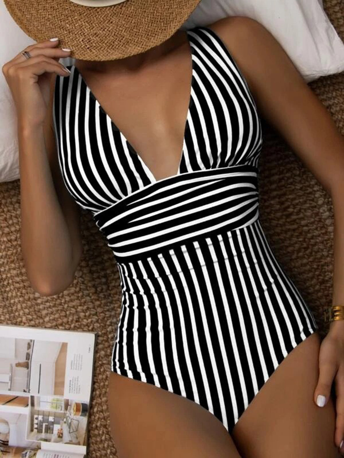 Striped Plunge Sleeveless One-Piece Swimwear-Teresa&#39;s Fashionista LLC