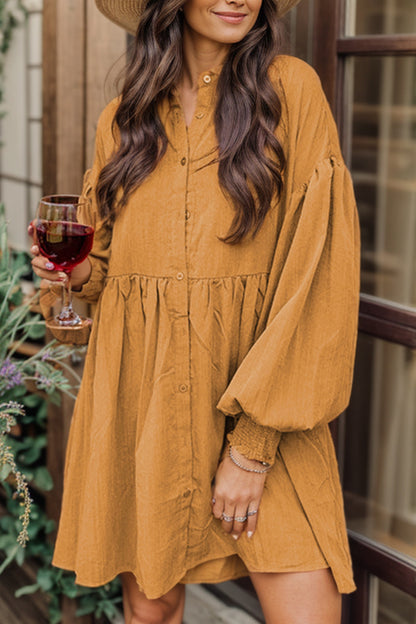 Button Up Lantern Sleeve Mini Shirt Dress-Teresa&#39;s Fashionista LLC