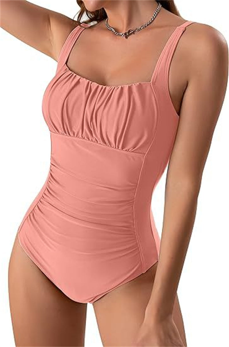 Sexy Square Neck One-piece Bikini Summer New Solid Color Pleated Design Swimsuit Beach Vacation Womens Clothing-Teresa&#39;s Fashionista LLC