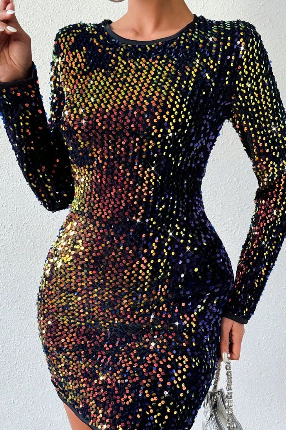 Sequin Round Neck Long Sleeve Mini Dress-Teresa&#39;s Fashionista LLC