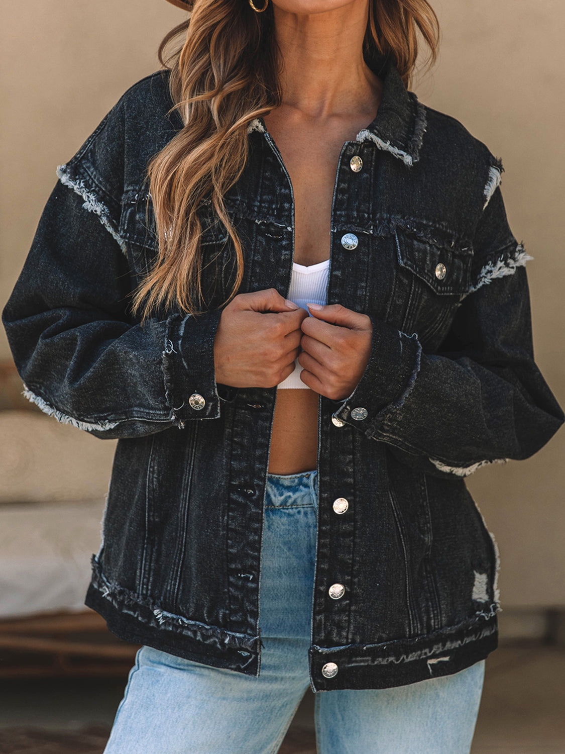 Button Up Raw Hem Distressed Denim Jacket-Teresa&#39;s Fashionista LLC