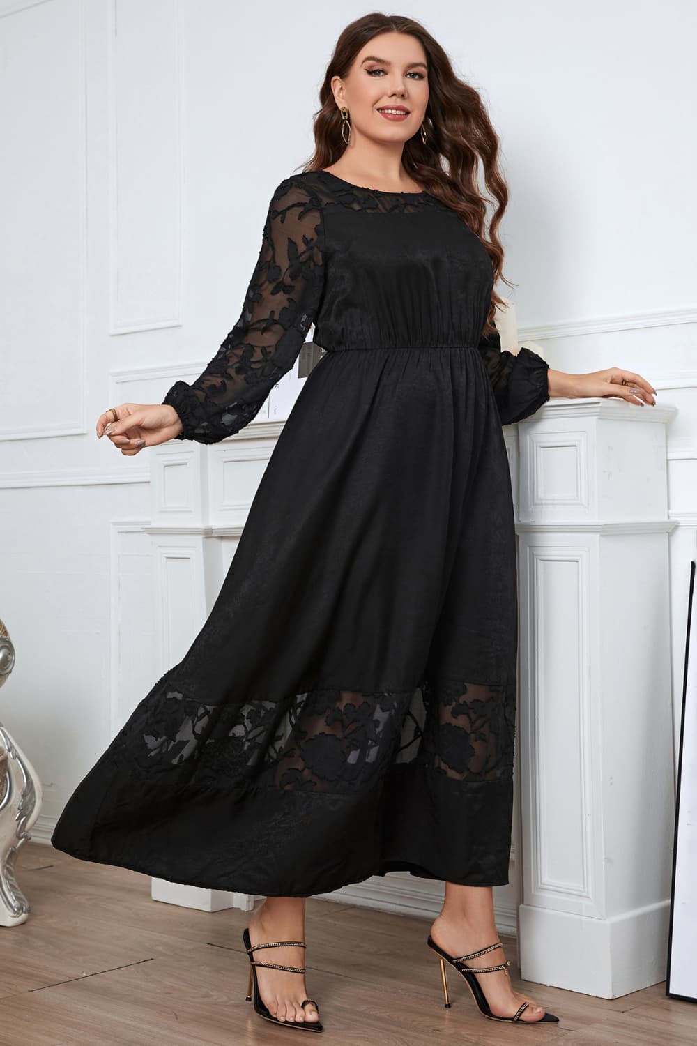 Melo Apparel Plus Size Embroidery Round Neck Long Sleeve Maxi Dress-Teresa&#39;s Fashionista LLC