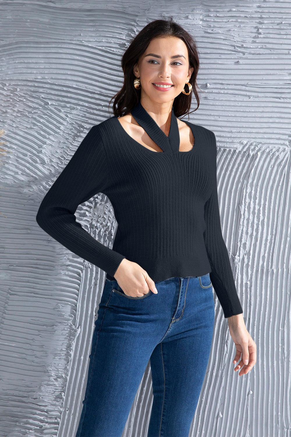 Halter Neck Long Sleeve Sweater-Teresa&#39;s Fashionista LLC