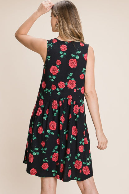 BOMBOM Floral Ruched Tank Dress-Teresa&#39;s Fashionista LLC