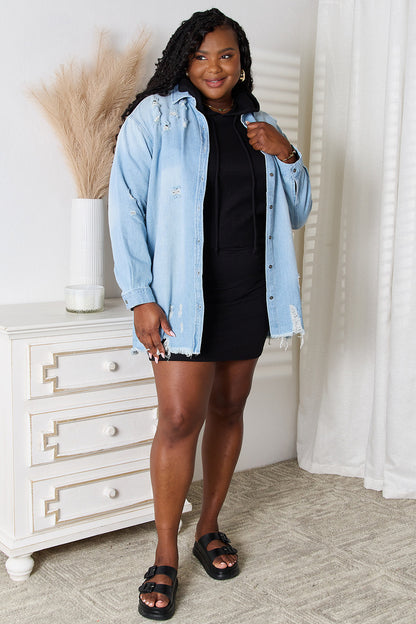 RISEN Full Size Distressed Raw Hem Denim Jacket-Teresa&#39;s Fashionista LLC